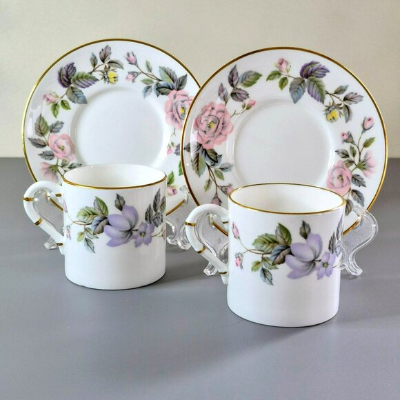 Royal Worcester Other - Royal Worcester June Garland Espresso Cup & Saucer 2 Sets, Pink & Purple Flower